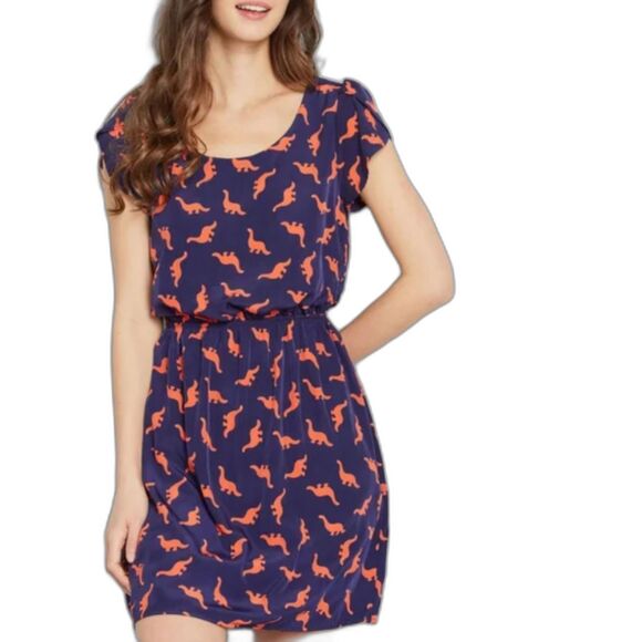 Modcloth Dresses & Skirts - Peach Love x ModCloth Navy Orange Dinosaur Print Tulip Sleeve Dress, Sz M